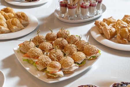 Mini chicken burgers with cheese and tomatoes on a white plate. Bonded with beautiful bamboo sticks....