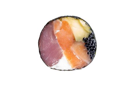 Paintless roll of salmon, tuna and avocado. Slice on a white background.の写真素材