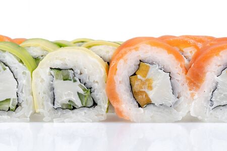 Japanese rolls, side view. With salmon, salmon, avocado and cucumber.の写真素材