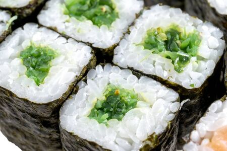 Maki Sushi Rolls with chukka with nut sauce, closeup set. Japanese food.の写真素材