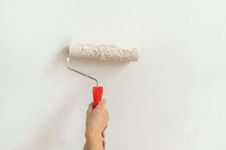 Paint roller, hold female hands without gloves.の写真素材