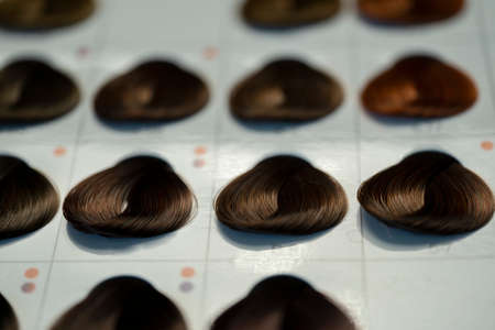 Palette samples of dyed hair, dark hair.の写真素材