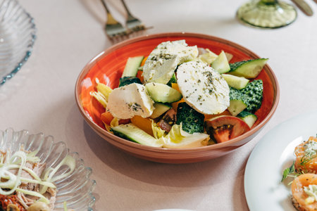 Greek salad with feta cheese, juicy tomatoes, red pepper, cucumber and lettuce.の写真素材