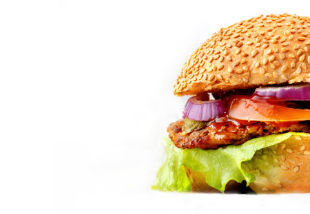 Burger with red onion, meat, tomato, ketchup. Sesame buns, large lettuce.の写真素材