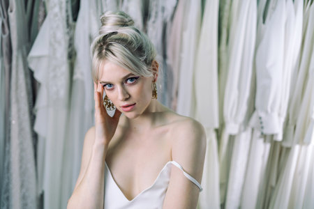 Portrait of young and beautiful blonde girl, in one nightie. Looking directly into the camera.の写真素材