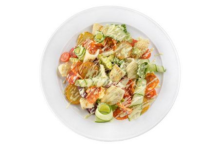 Salad.Chorizo sausage, lettuce, cucumber fried potato with sauce.の写真素材