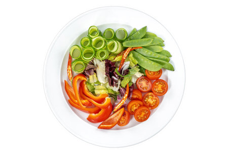 Salad - fresh food, colorful ingredients in the kitchen - peppers, tomatoes, green peas, cucumbers.の写真素材
