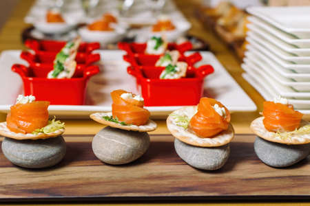 Smoked salmon rolls with cream cheese. Luxury catering-2.の写真素材