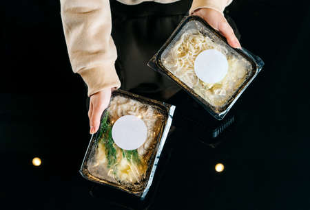 Healthy food and diet concept, restaurant dish delivery. Take away of fitness meal.の写真素材