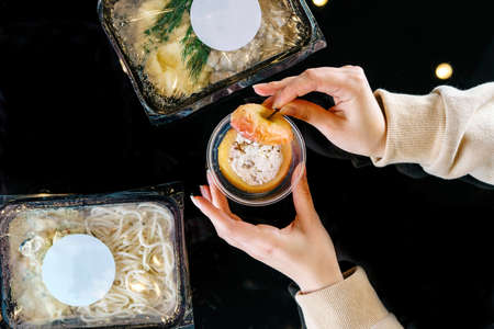 Healthy food and diet concept, restaurant dish delivery. Take away of fitness meal.の写真素材