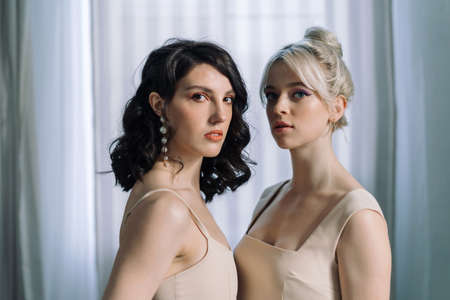 Studio portrait blondes and brunettes looking at the camera.の写真素材