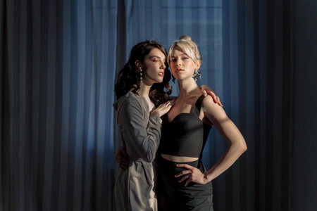 Studio portrait blondes and brunettes. One girl hugs another, beautiful sunlight falls on the faces. Sensual gaze into the camera.の写真素材