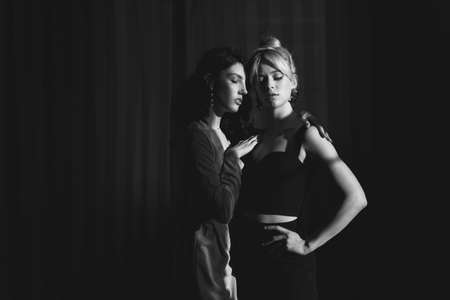 Studio portrait blondes and brunettes. One girl hugs another, beautiful sunlight falls on the faces.の写真素材