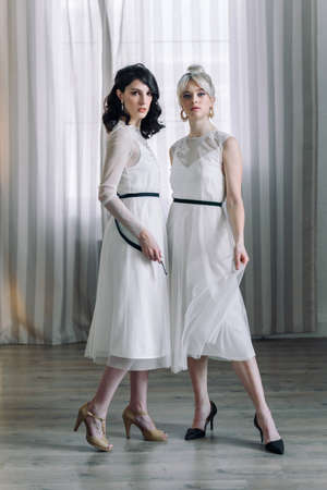 Studio portrait blondes and brunettes, looking at camera. Blue eyes, young and tender. The blonde holds a dress with her hands.の写真素材