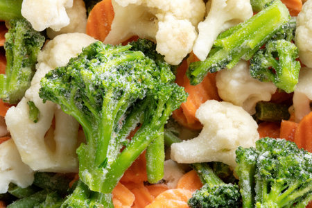 Mixture of vegetables cabbage broccoli cauliflower, frozen foods, vegetables show frost.の写真素材
