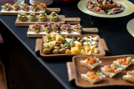 Gourmet appetizers: salmon, prosciutto, olives. Snacks are laid out on wooden boards. Luxury catering. side view.の写真素材