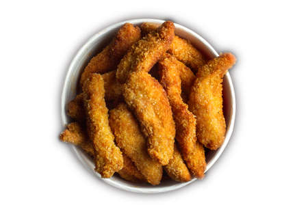 Bucket of chicken nuggets. On a white background, top view.の写真素材