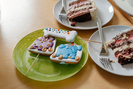 Tasty gingerbread cookies and festive decor. Gingerbread cookies are taken out of the cake.の写真素材