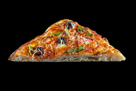 Pizza with cheese, olives and green onions. There is a beautiful triangular piece of pizza.の写真素材