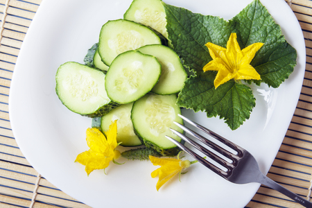 Fresh sliced gherkins, green cucumber leaves and yellow flowers with fork on white plate. Top view.の写真素材