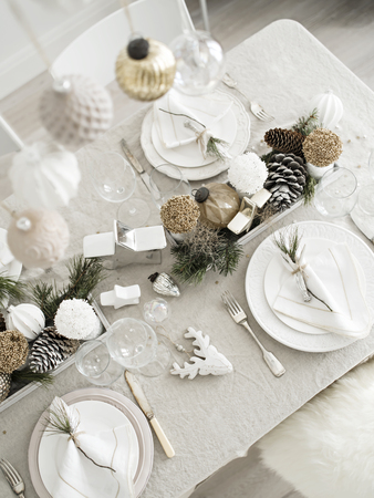 Xmas dinner in living room. Plate with linen napkin, napkin holders, pine cones, wine glass.の写真素材