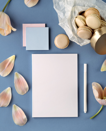 Creative minimalist still life made of pastel pink macarons with tulips petals. Flat lay style, top view. Text space.の写真素材