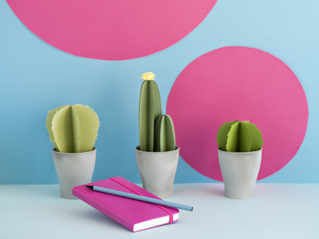 Lovely notepad and nice pencil lying near pots with cute paper cacti on background of blue wall with fuchsia circlesの写真素材