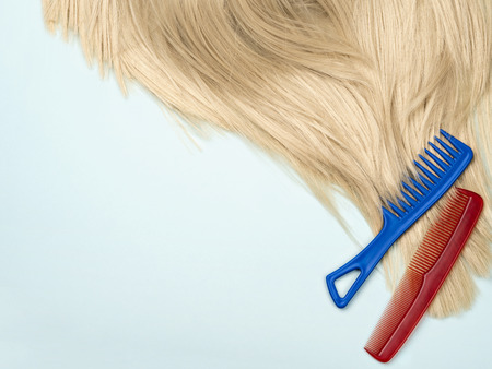 Blue background with pile of beautiful silky fair hair and colorful combs in composition.の写真素材