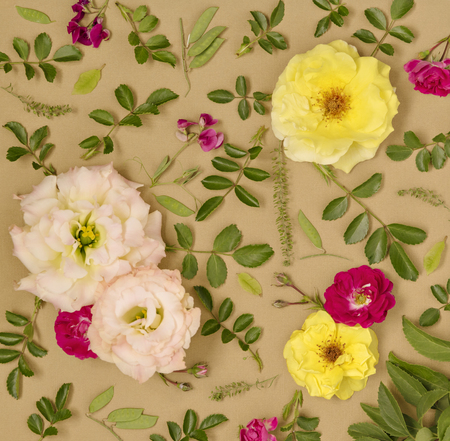 Summer Flower floral ornament with roses and sweet peas. Flower arrangement of pink and yellow garden flowers and leaves on elegant beige background. Floral flat layの写真素材