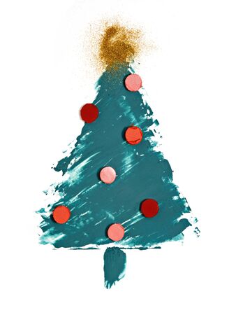 Smeared makeup shaped as a Christmas tree decorated with red lipstick baubles on white background. Creative concept of a winter holiday sale or Christmas party makeup.の写真素材