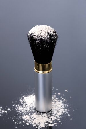 Thick cosmetic brush with loose powder scattered around on black and white gradient background. Makeup or decorative cosmetics background.の写真素材