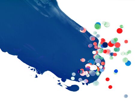 Color of the year 2020. Main color trend. Classic blue background. Trendy classic deep blue brushstroke and various color confetti isolated on white.の写真素材