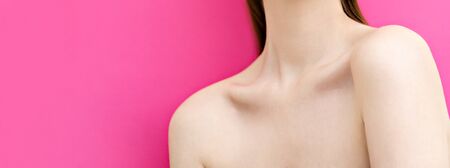 Young woman's neck and clavicles close up. Perfect healthy skin. Elegant and sophisticated photography of body part. Wide image with copy space for banner design. Beauty, body treatment, cosmetology.の写真素材