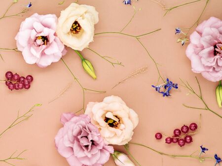 Composition of garden flowers in a pink pastel shades. Minimalist floral pattern with berries, summer flowers and tiny stalk. Flat lay, top view. Valentine's day background.の写真素材