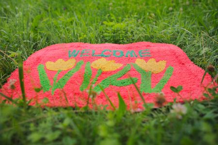 Photo of a welcome mat in front of a green meadowの写真素材