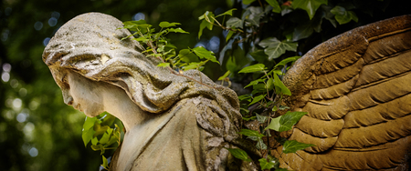 A fragment of ancient sculpture angel in a golden glow in the old cemetery. Symbol of love,...