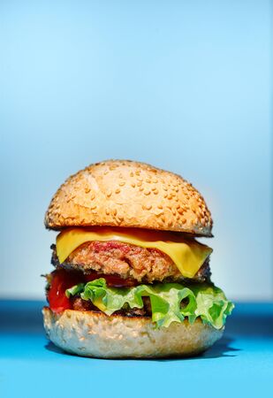 Giant perfect burger large massive thick classic american cheeseburger.の写真素材