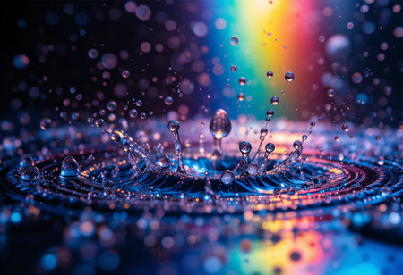 Captivating water droplets create a vibrant splash on a colorful surface in high detail, showcasing the beauty of liquid in motion during a serene momentの素材