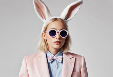 Person wearing a pastel pink suit with bunny ears and sunglasses in a studio setting during a playful fashion photo shoot showcasing whimsical styleの素材