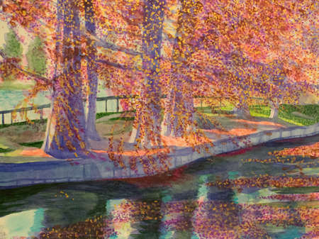 Hand-painted watercolor landscape painting of beautiful autumn leavesの写真素材