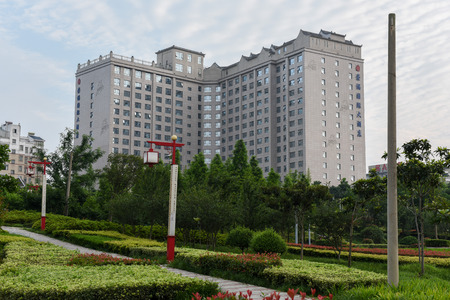 Building of hotel and green parkのeditorial素材