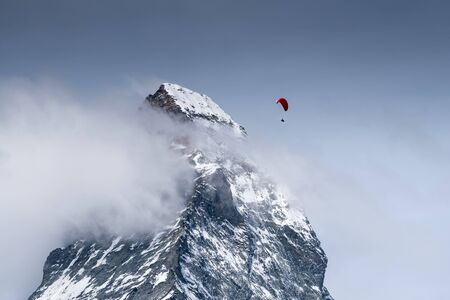 Paragliding over Matterhorn in the Swiss Alpsの写真素材