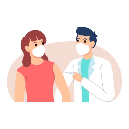Flat-hand drawn doctor injecting vaccine to patientのイラスト素材