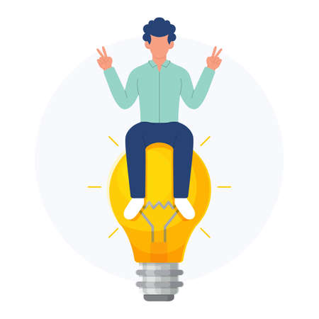young man sitting on a light bulbのイラスト素材