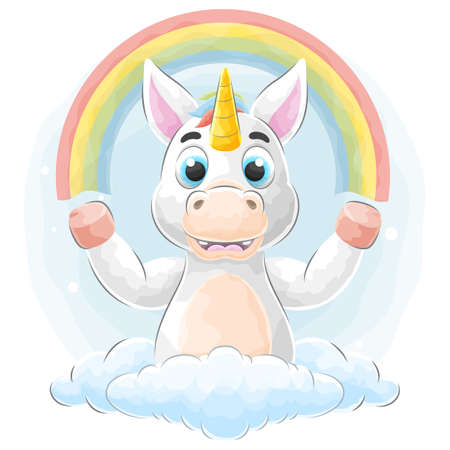 Cute doodle unicorn on cloud with watercolor illustrationのイラスト素材