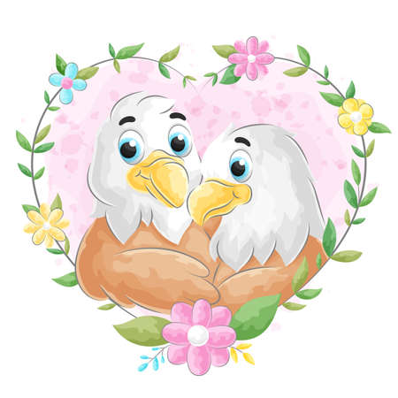 Cute doodle eagle with flower and leaves frame, watercolor illustrationのイラスト素材