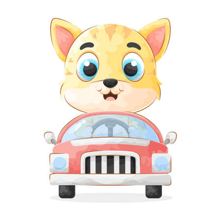 Cute doodle cat driving a car with watercolor illustrationのイラスト素材