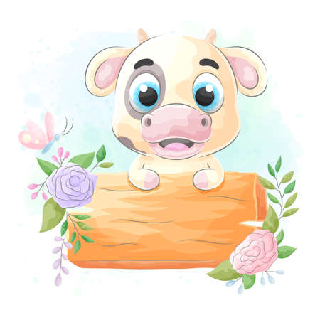 Cute Cow with Wood Sign Board , watercolor illustrationのイラスト素材