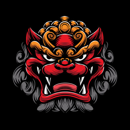 balinese barong mask isolated on blackのイラスト素材