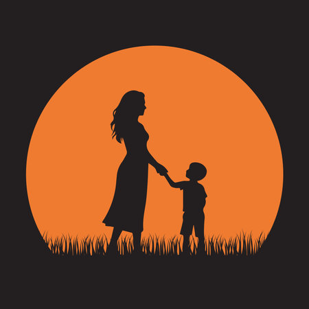 Mother and Children in Silhouetteのイラスト素材